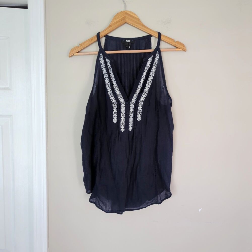 Paige Tyra Embroidered V Neck Sleeveless Top Navy Blue Size Medium